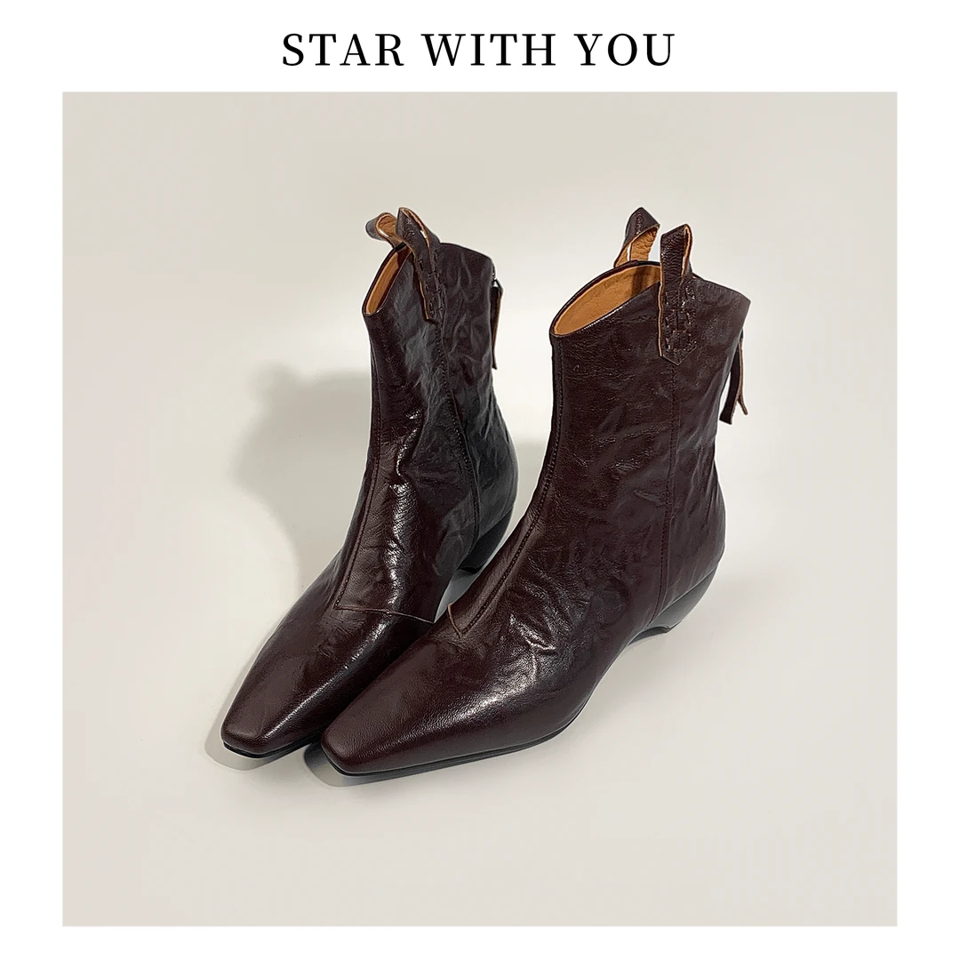 【STAR】头层手抓羊皮褶皱质感全真皮尖头水滴跟短靴超软马丁靴5cm