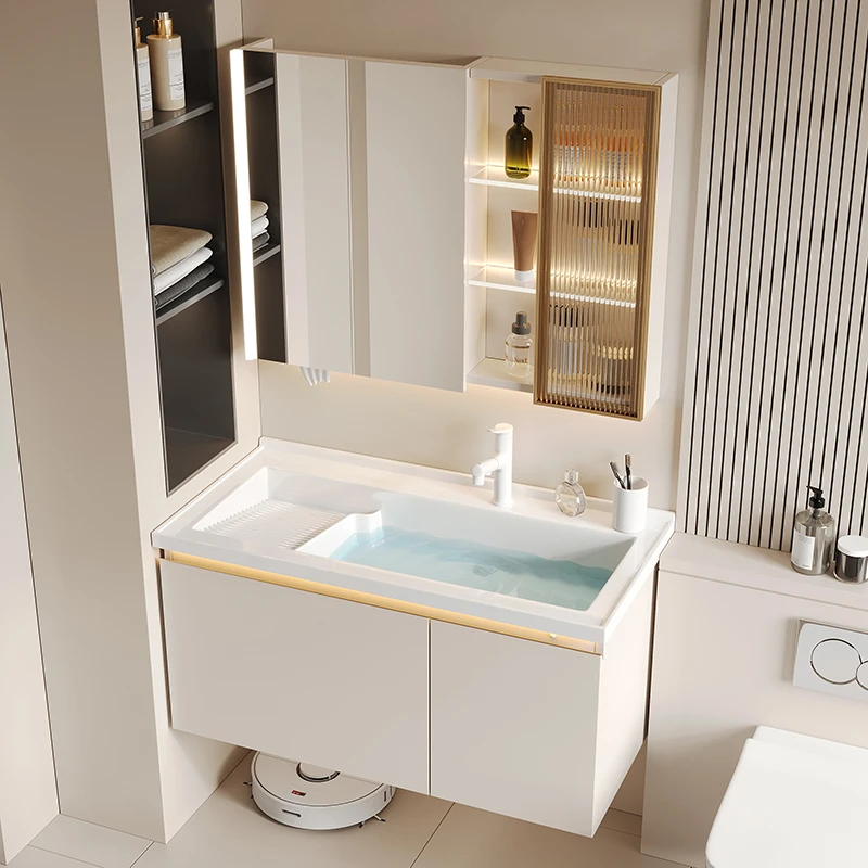 陶瓷一体盆带搓衣板浴室柜智能洗脸池柜奶油风卫浴柜