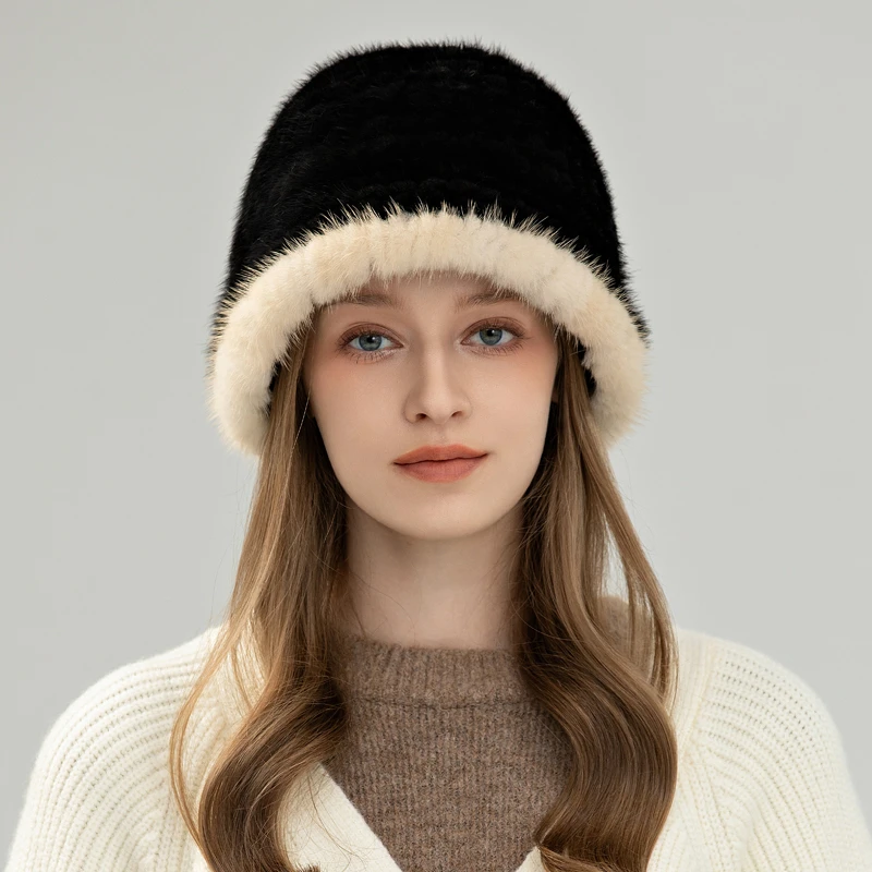 2024秋冬新款水貂毛渔夫帽盆帽秋冬护耳帽毛绒时尚百搭骑车可爱