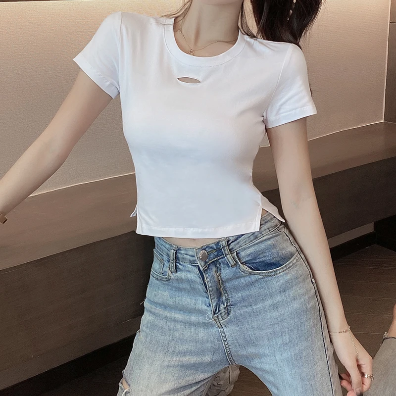 白色短款t恤女短袖ins潮2021年新款小个子设计感紧身高腰露脐上衣