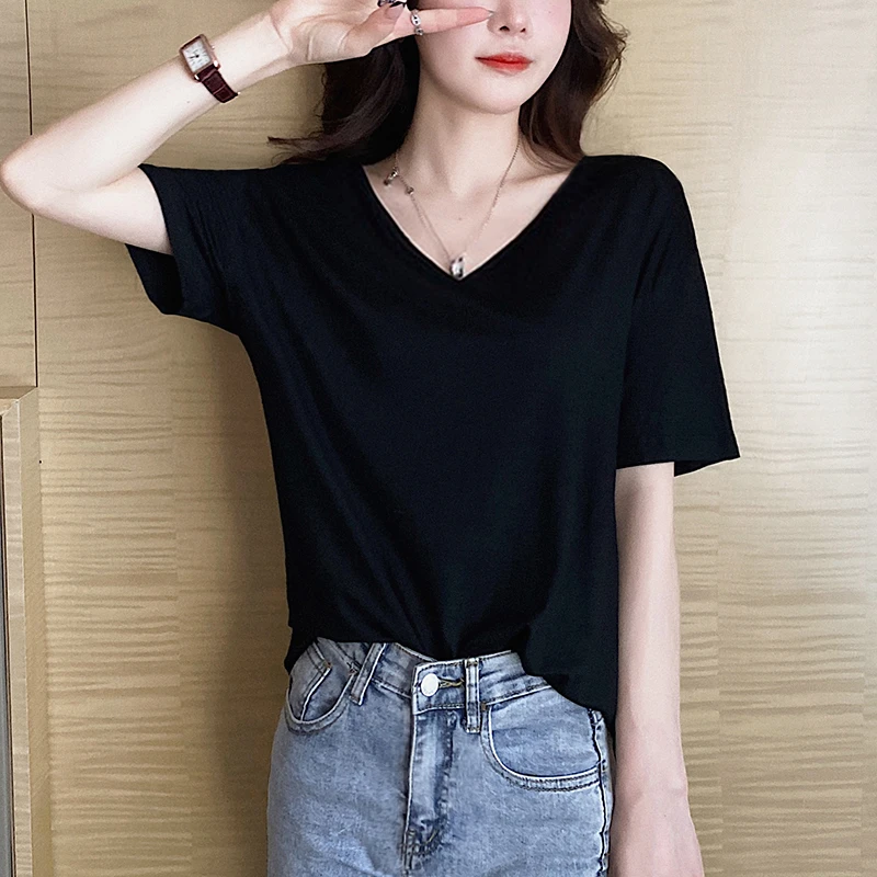 黑色宽松T恤女短袖莫代尔2023新款打底衫设计感V领上衣冰丝半袖夏