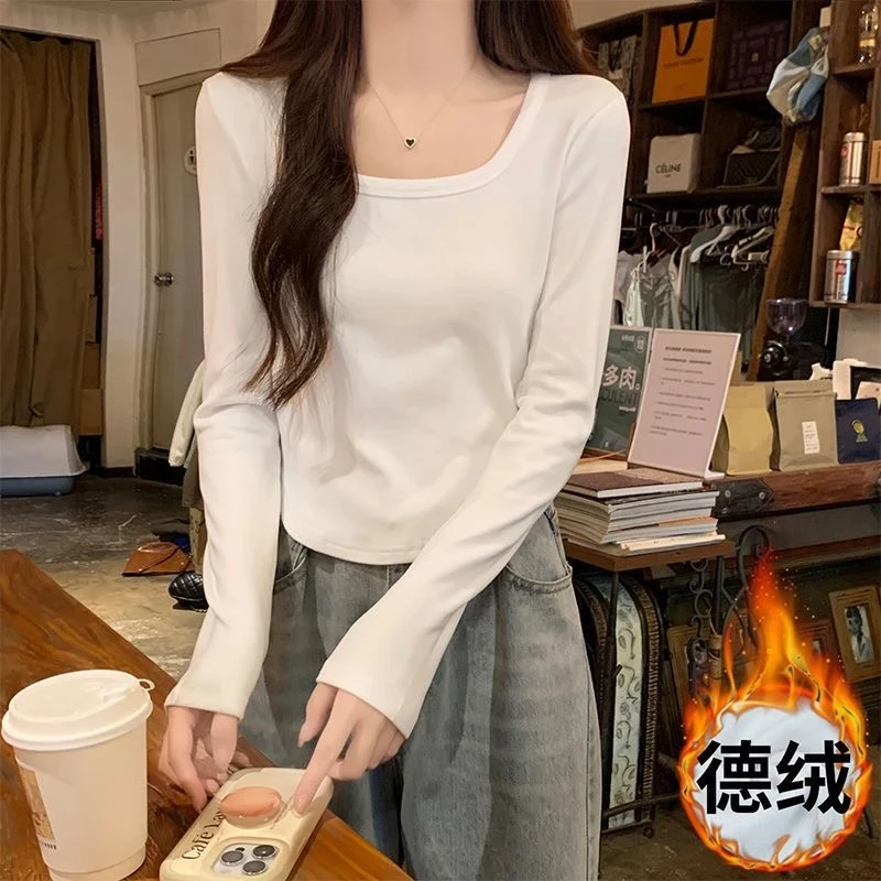 秋冬季新款德绒加厚保暖修身长袖T恤女大码内搭外穿打底衫上衣女