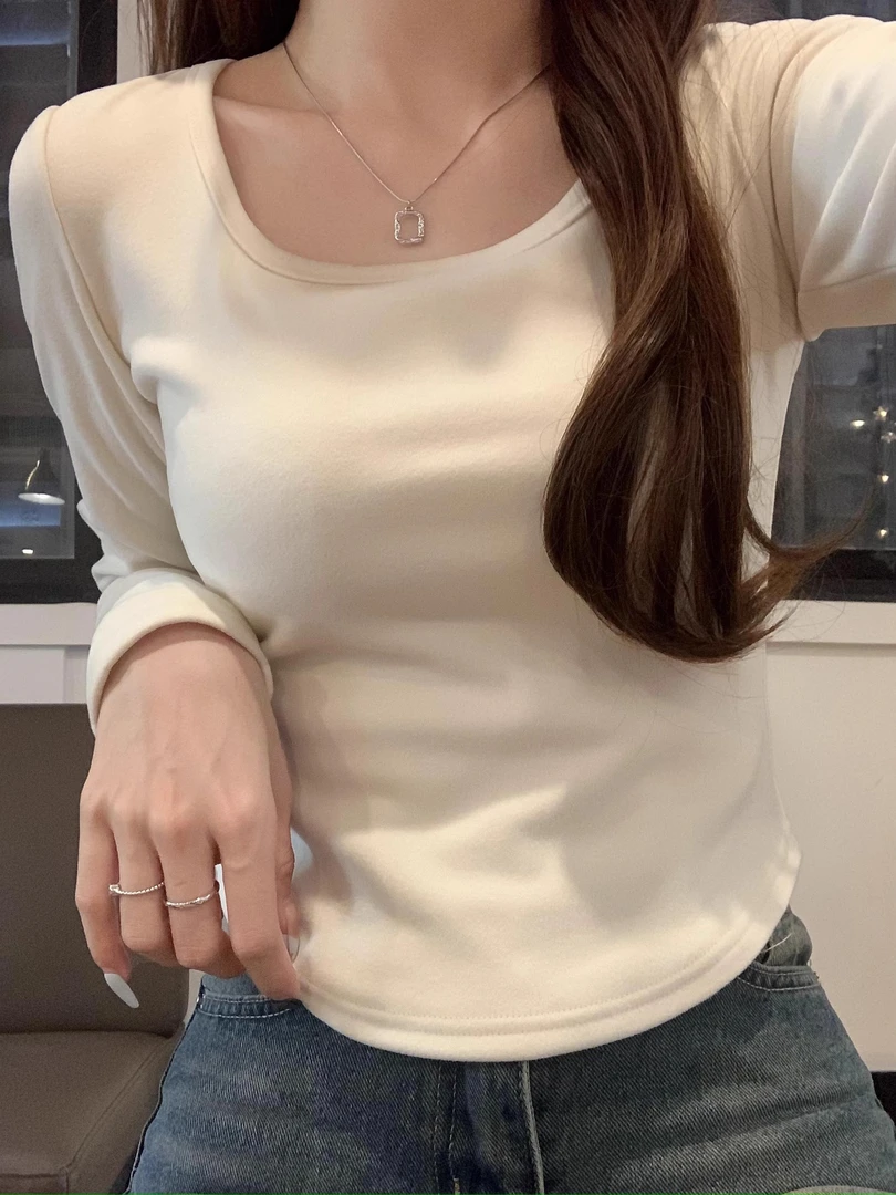 德绒U领打底衫女秋冬季大衣内搭白色显瘦修身紧身收腰长袖t恤上衣