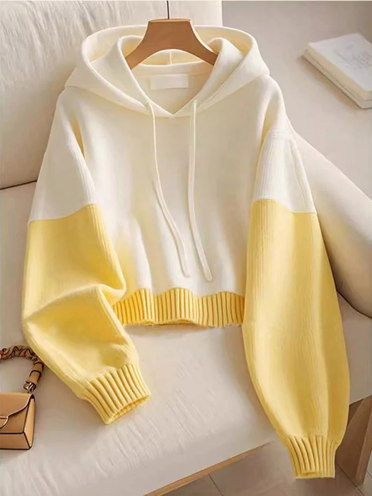 04622-多巴胺软糯温柔复古奶fufu黄色拼接连帽长袖针织毛衣外套冬