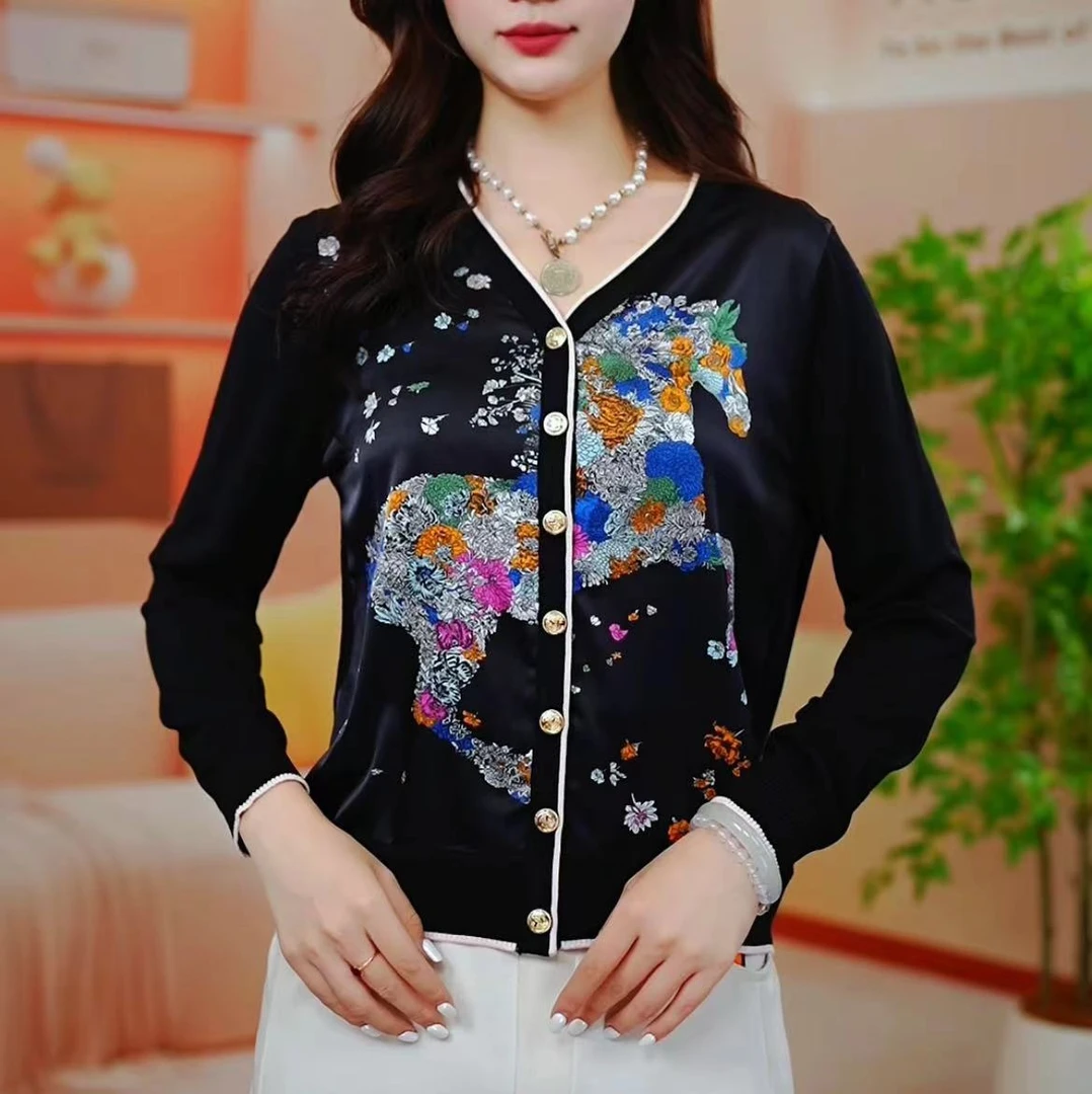 2025秋季新品气质国风印花女士上衣V领休闲外套长袖开衫-265