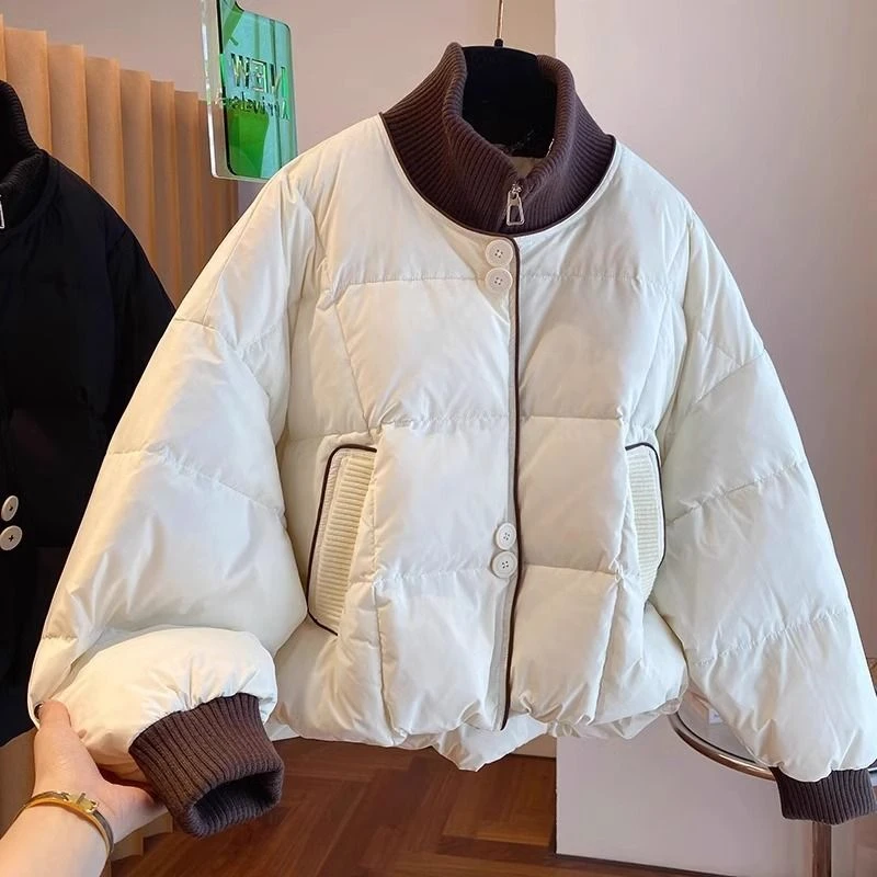 拼接设计感针织立领棉服女款冬季大码黑色复古假两件棉衣外套