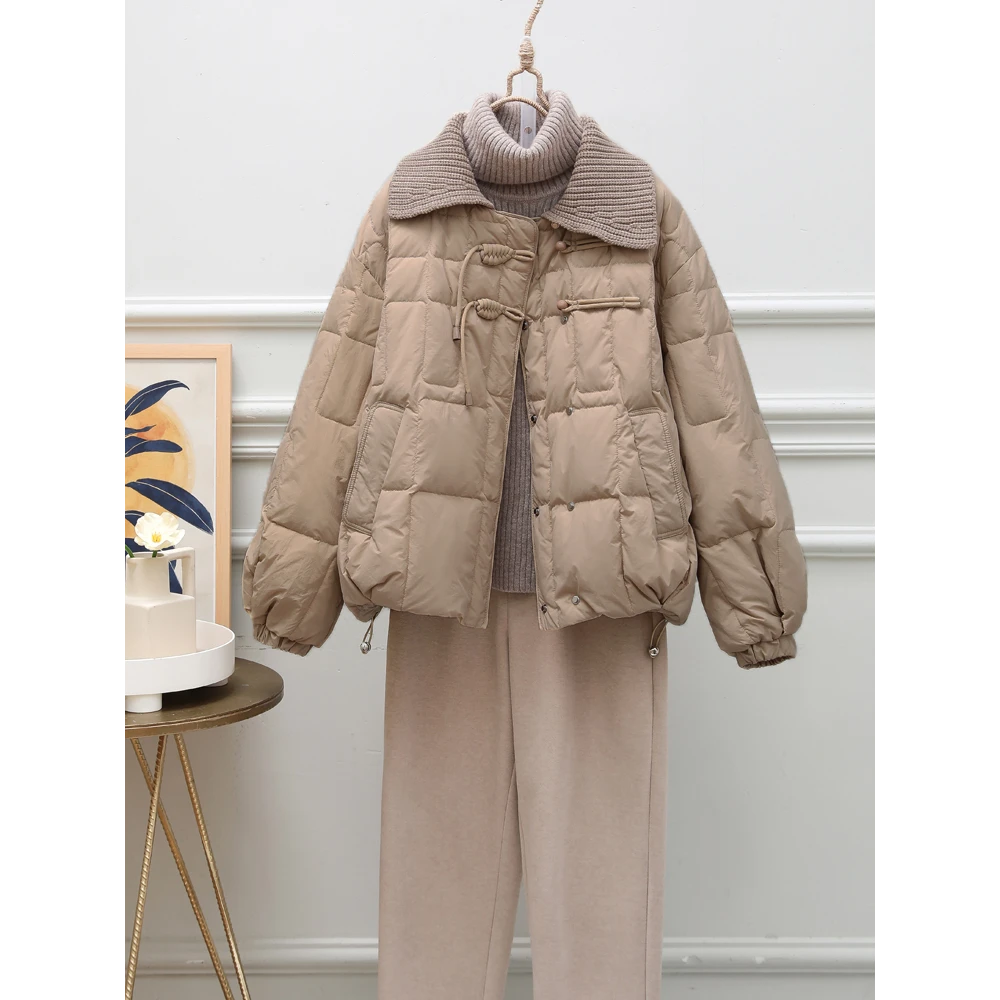 短款棉服女2023冬季新款拼接针织翻领小个子保暖棉袄棉衣外套女潮