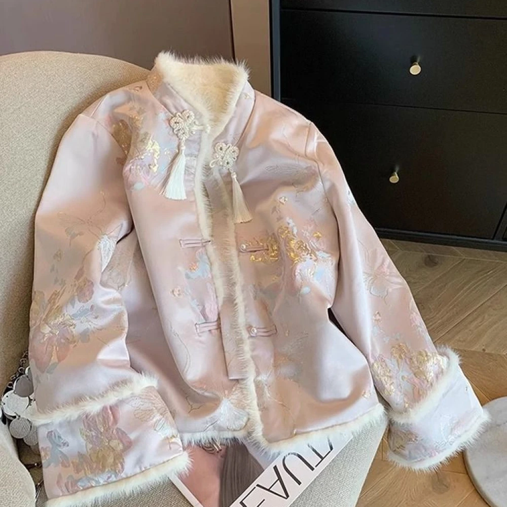 新中式国风粉色提花棉服外套女大码短款气质毛毛加绒盘扣棉衣棉袄