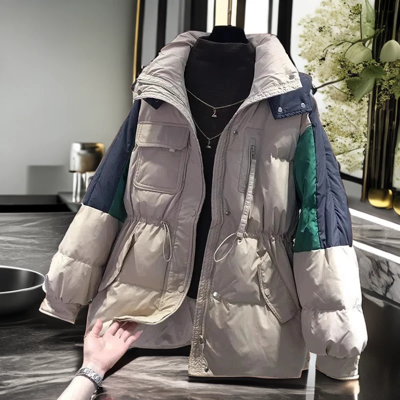 大码拼接设计感棉服女2023冬季新款宽松撞色工装棉衣棉袄外套