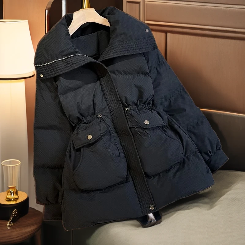 黑色中长款棉服女2023秋冬季宽松小个子防风保暖加厚棉衣外套