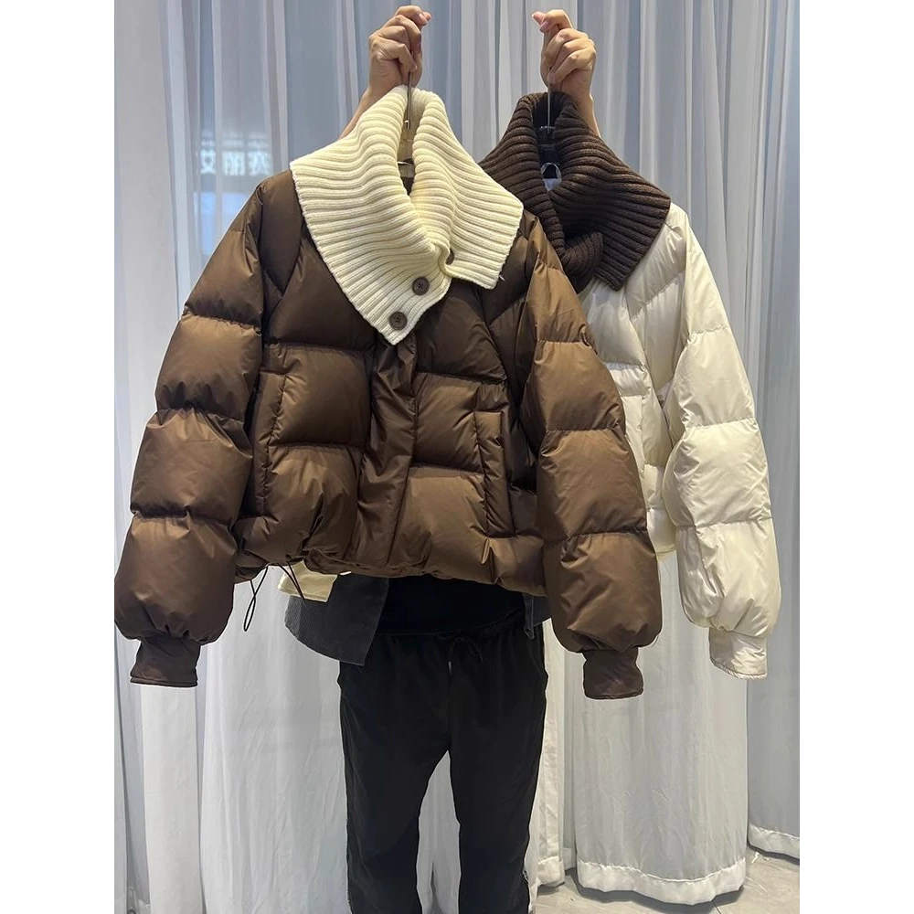 欧货围巾领2023冬季新款棉服女时尚高级感针织领拼接加厚外套