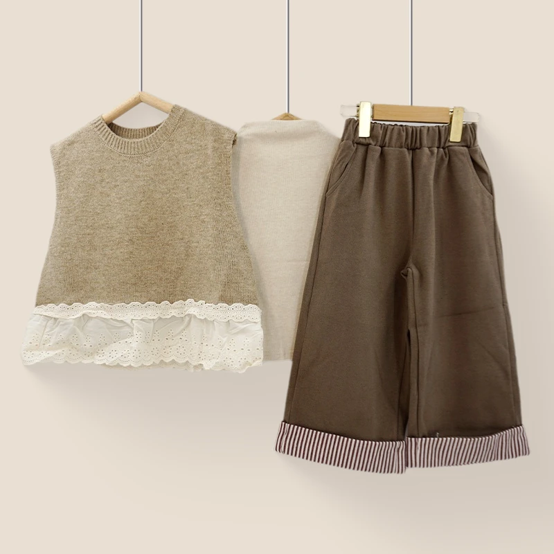 童装2024秋季新款韩版女宝宝洋气针织拼接蕾丝背心波点裤子三件套