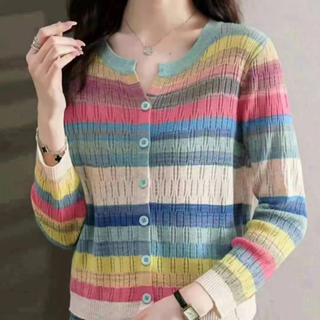 2024秋季新款圆领彩色条纹长袖针织开衫韩版时尚宽松百搭显瘦上衣