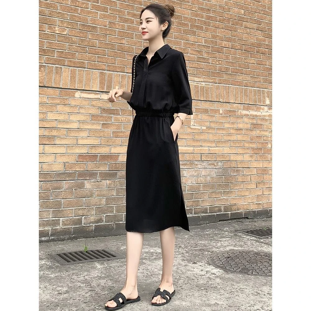 韩版时尚气质收腰显瘦黑色连衣裙女夏2024新款中长款休闲大码裙子