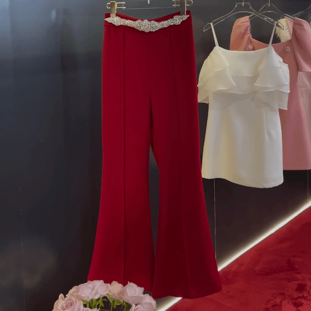 魅鹊定制 50390 轻奢重工钉珠气质修身显瘦长裤喇叭裤