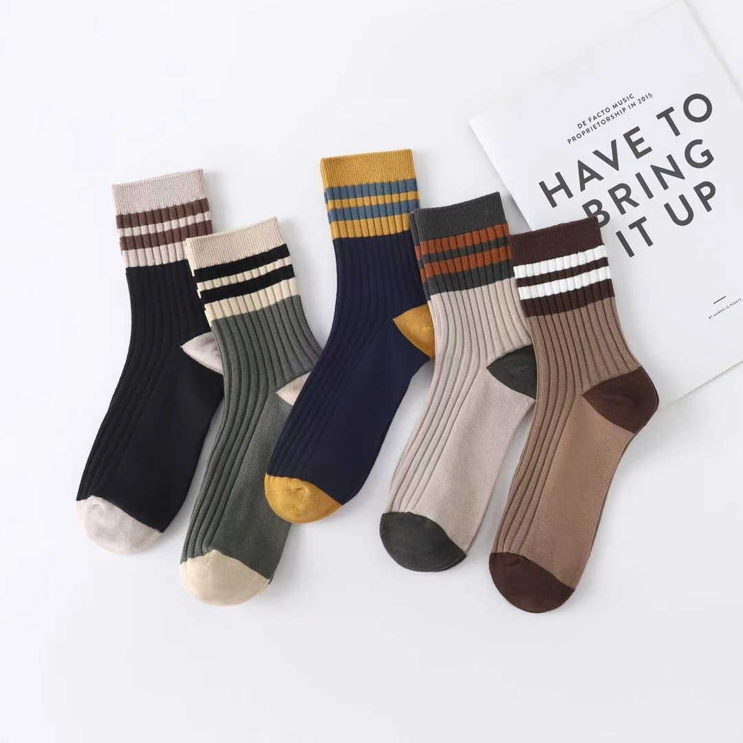 男士条纹棉袜潮流短筒棉袜男袜百搭男透气防臭吸汗透气中筒袜袜子