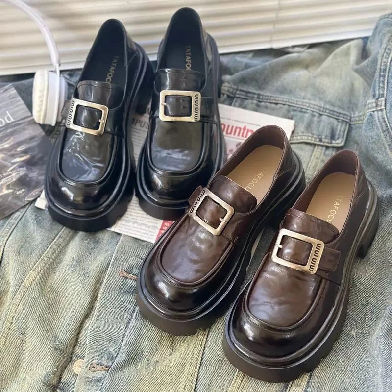 真皮粗跟厚底小皮鞋女2024秋季新款舒适乐福鞋CSA 59-16