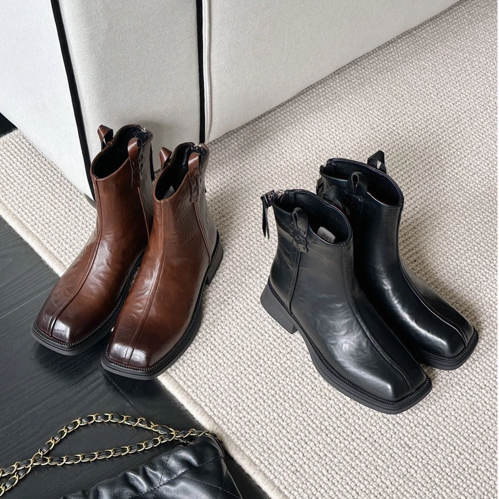 方头时尚复古短鞋女2024冬季新款显脚小厚底切尔西 MLSY 3315