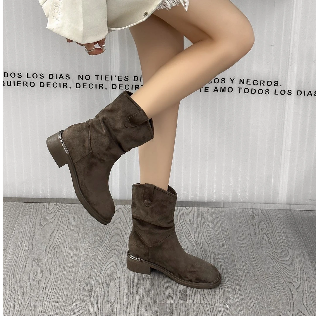 复古褶皱堆堆靴女2024秋冬新款时尚百搭西部牛仔靴MLSY 221-10