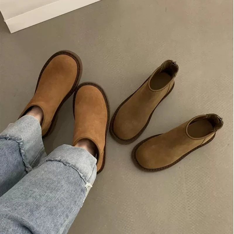 复古磨砂牛皮短靴女2024年新款文艺圆头切尔西靴MLSY 7A18