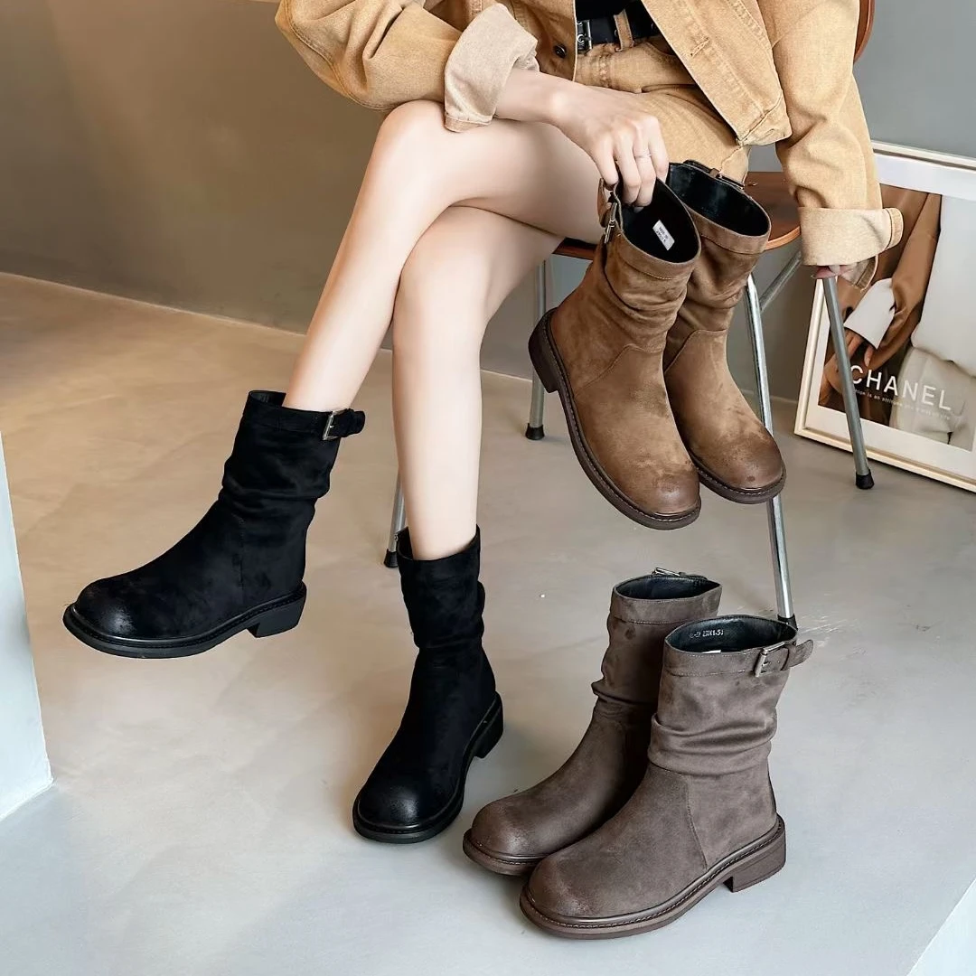 厚底百搭时装靴2024秋冬新款粗跟时尚褶皱堆堆靴JCL  5908
