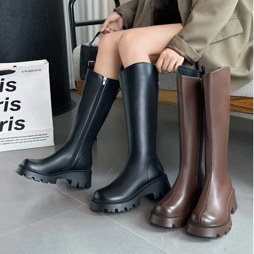 不过膝长靴女2024秋冬新款百搭厚底高筒骑士靴CSA 2510-21