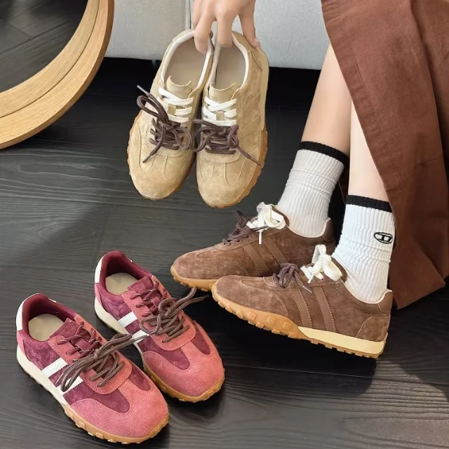磨砂牛皮复古德训鞋女2024秋季新款百搭休闲软底休闲鞋LFX 973-1