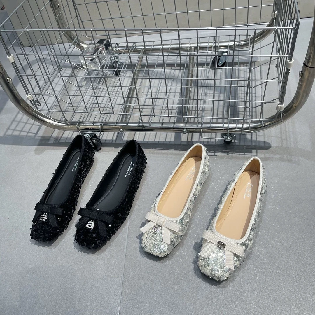 小香风平底奶奶鞋2024夏季新款法式亮片复古蝴蝶结单鞋8979