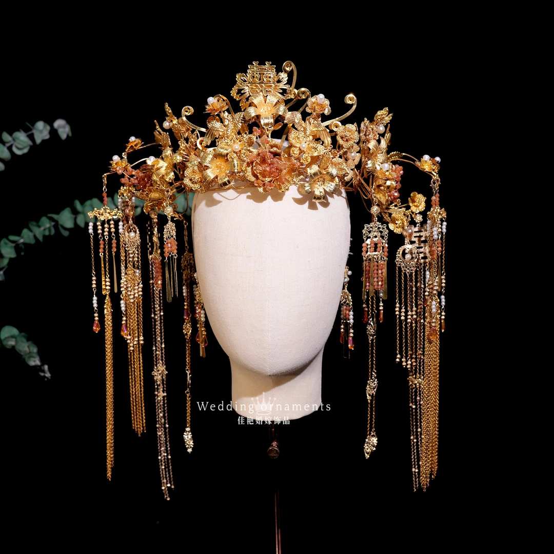 9025新款古装精致金色大冠轻奢气质款古风婚礼饰品新娘头饰