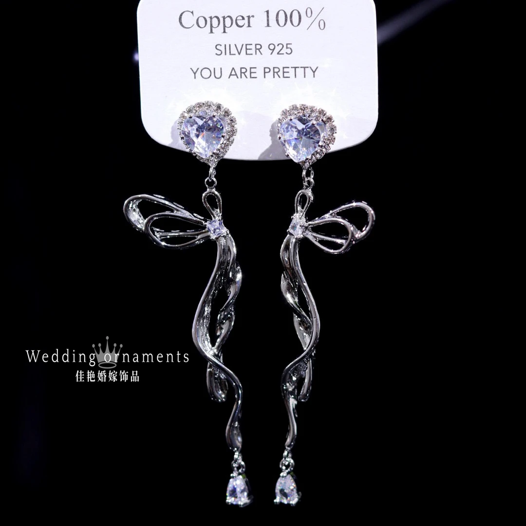 合金合成锆石耳饰 1043新款爱心闪钻蝴蝶结长波纹轻奢小众款耳环