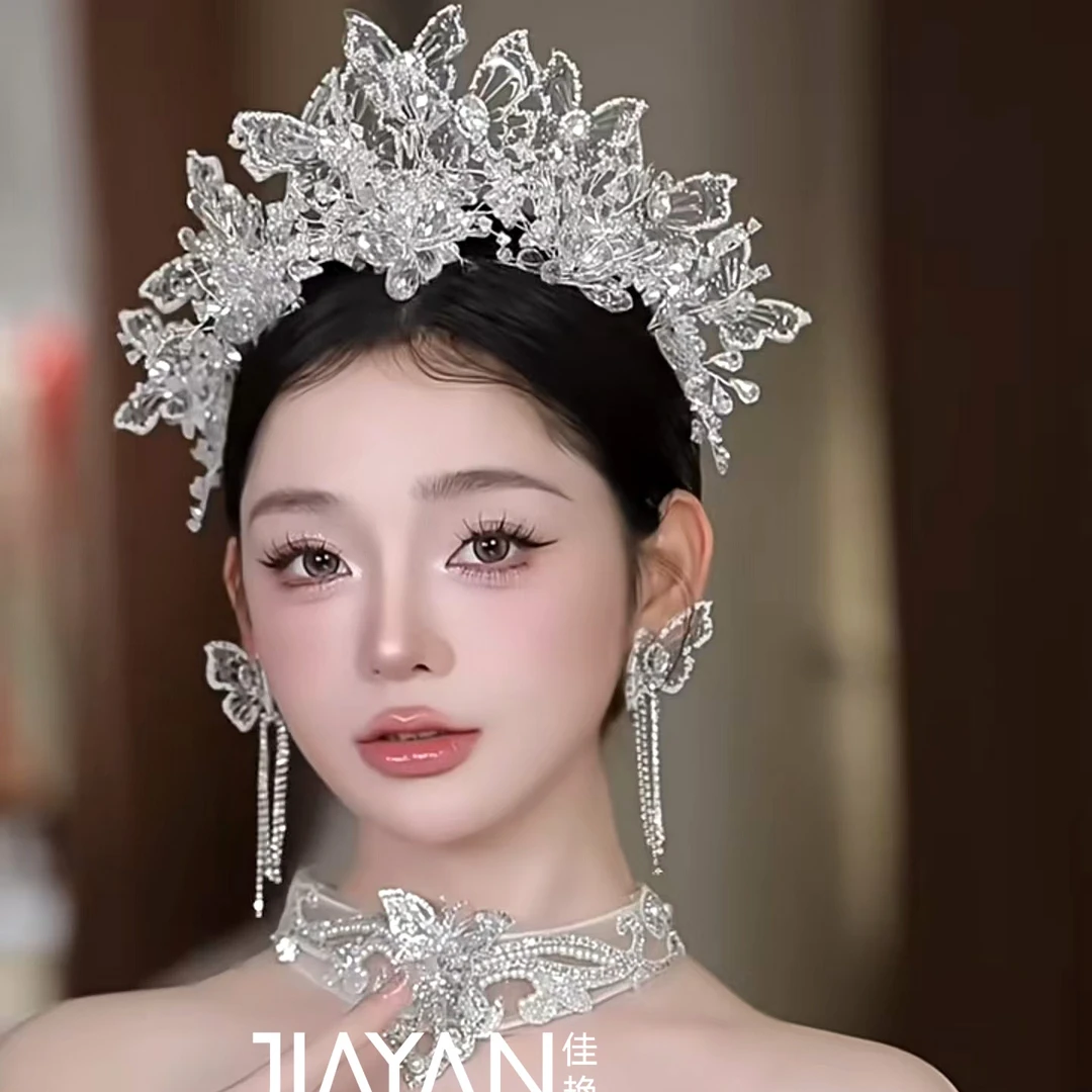 7040韩系立体蝴蝶仿水晶婚纱配饰皇冠仙女轻奢小众气质款新娘头饰