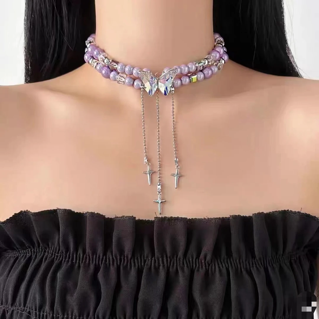 合金项链 1130甜酷辣妹紫色串珠立体仿水晶蝴蝶双层气质项链