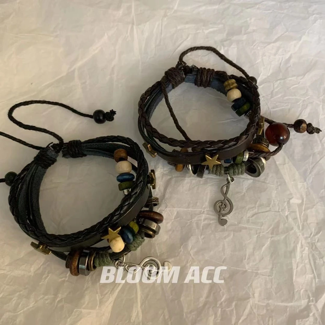 非金属树脂手链 高街女孩复古多层民族风手链串珠辣妹音乐符号