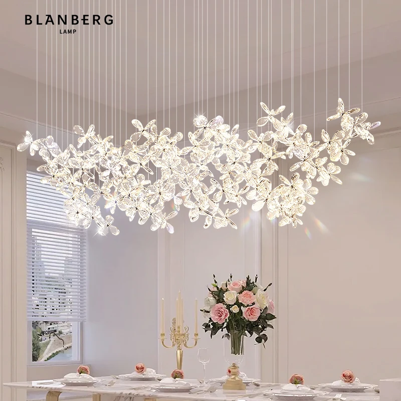 漂浮花朵水晶吊灯法式轻奢风高级立体餐桌灯设计师创意艺术餐厅灯