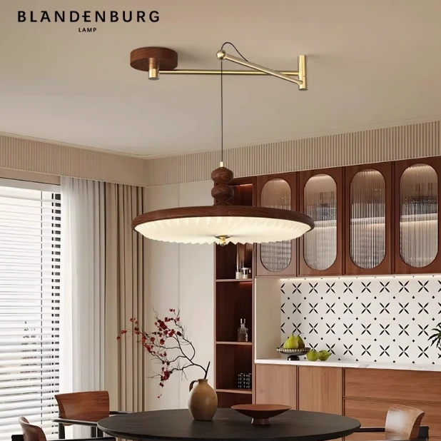 飞碟摇臂吊灯美式中古风可折叠餐桌吧台灯胡桃木色创意艺术餐厅灯