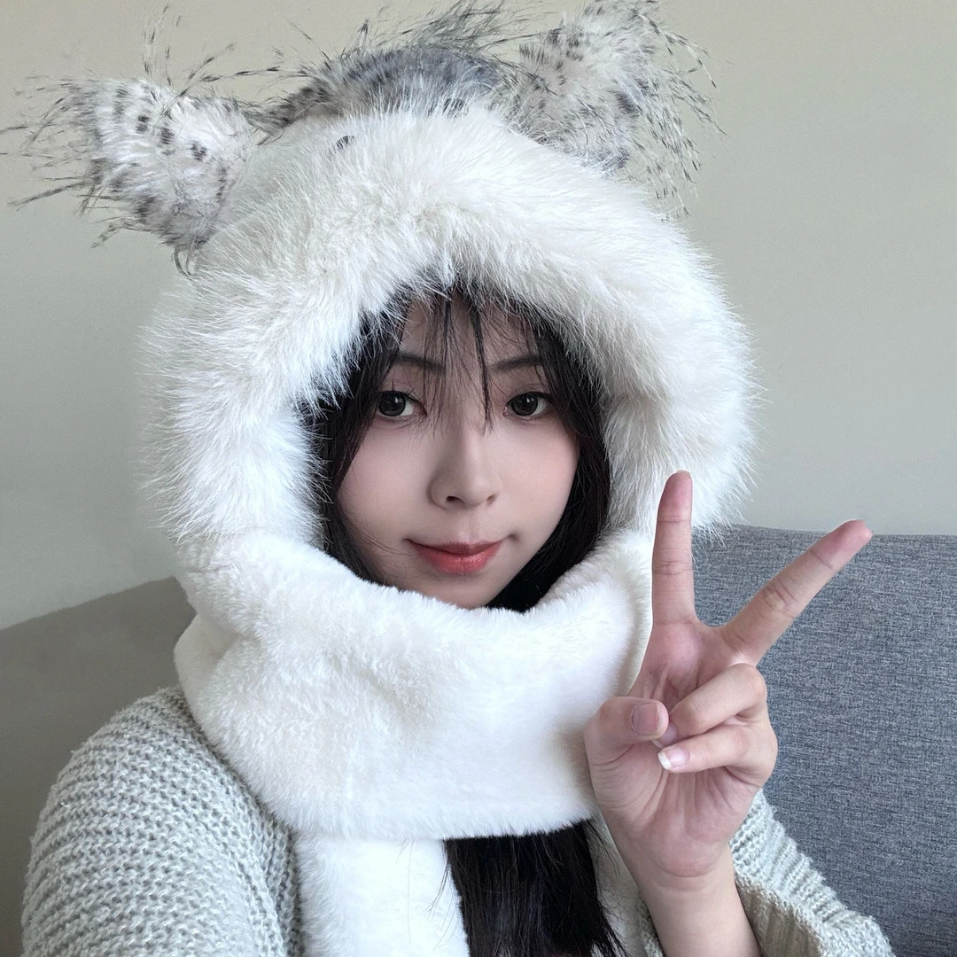 冬季新款可爱毛茸茸猫头鹰围巾帽子手套三合一保暖加厚防寒护颈帽