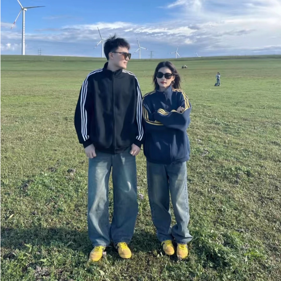 美式复古三条杠立领卫衣男秋冬款潮牌宽松拉链开衫情侣装夹克外套