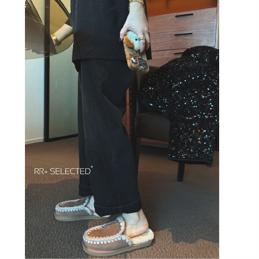 『豆公子』5585复古加绒阔腿牛仔裤女水洗宽松直筒潮流垂感长裤