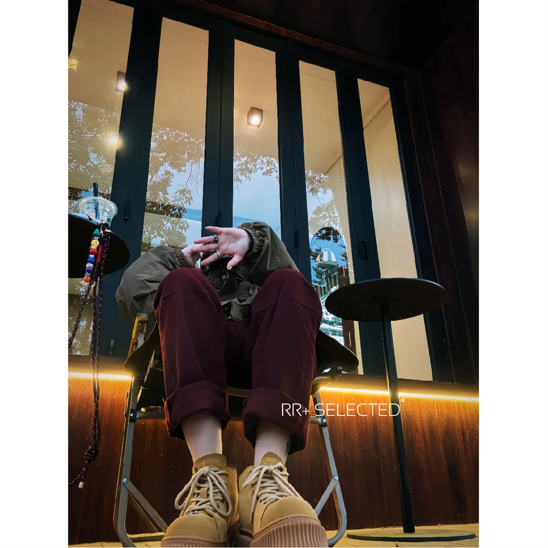 『豆公子』20108秋季直筒安哥拉红牛仔裤女弹力褶皱百搭长裤