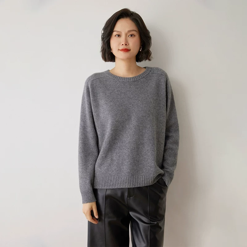 2025新款一线成衣纯山羊绒圆领加厚毛衣马鞍肩长袖宽松套头打底衫