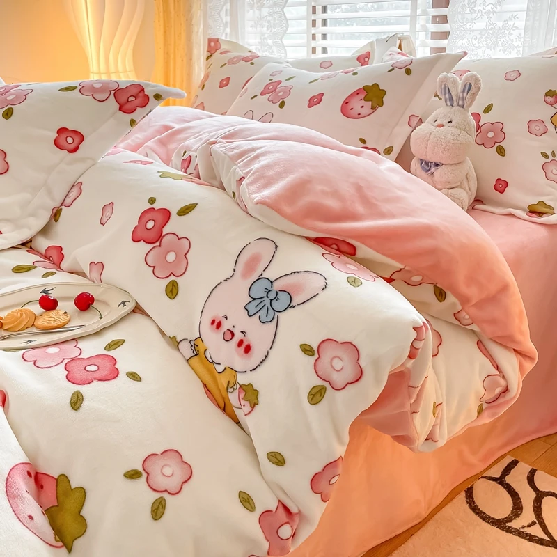 牛奶绒四件套床单被套单人绒被床上用品学生卡通网红宿舍花朵新款