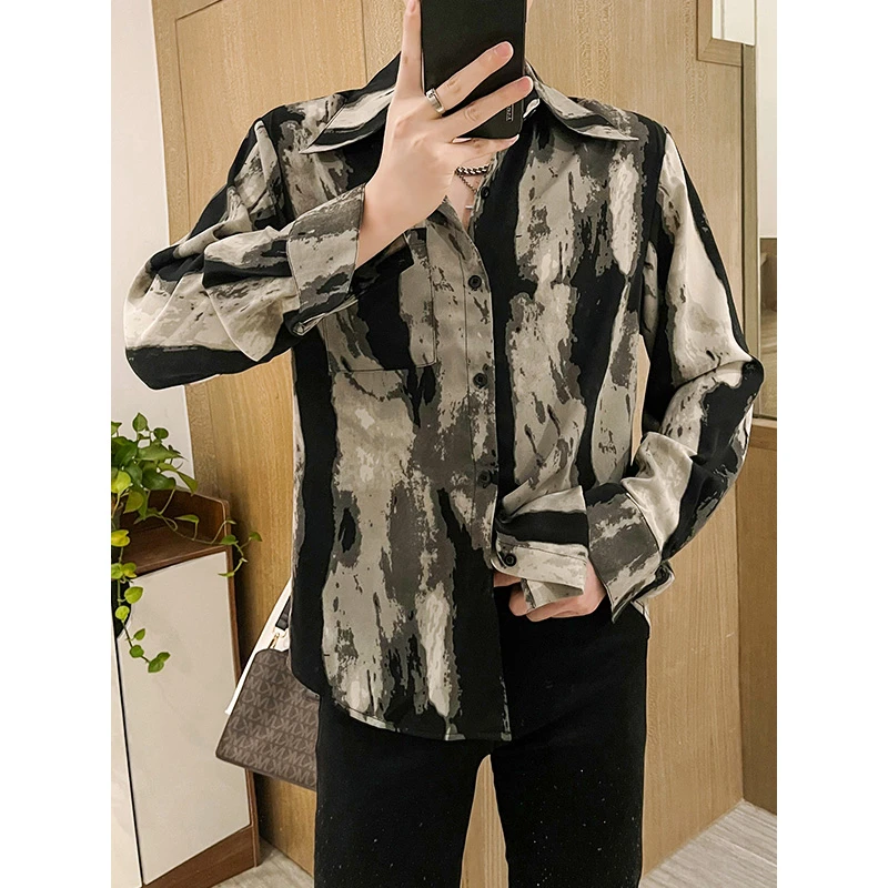 设计感水墨扎染雪纺衬衫男2023春夏新款长袖花衬衫男痞帅高级感