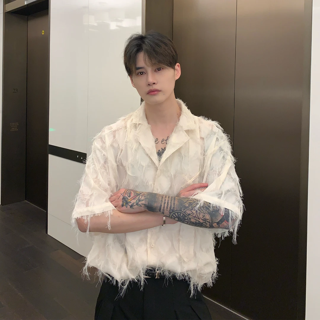 高端潮牌男装小众流苏毛边设计感衬衫男夏季垂感薄款衬衣痞帅开衫