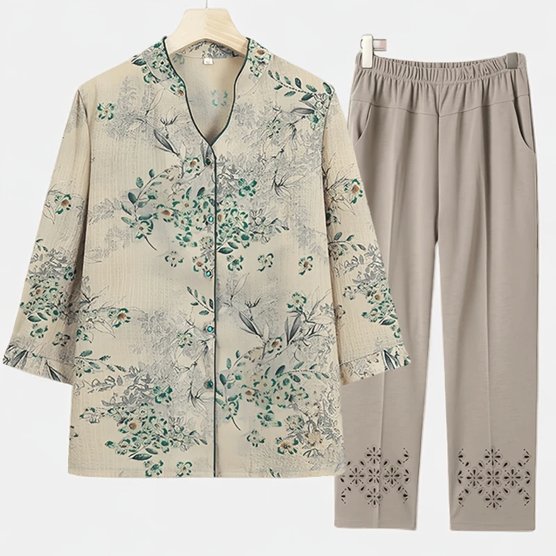 妈妈七分袖两件套中老年女装夏季薄款上衣衬衫老太太衣服奶奶套装