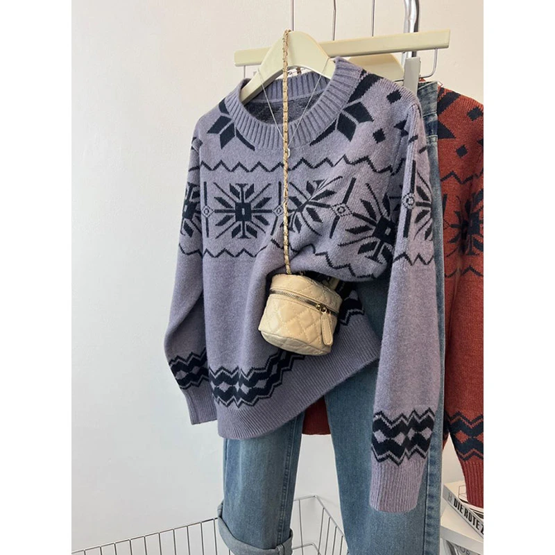 秋冬季复古提花打底针织衫时尚百搭洋气慵懒风软糯毛衣女上衣外穿