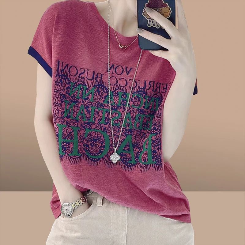 2025夏季女显瘦冰丝短袖百搭复古t恤时尚宽松针织衫洋气圆领拼接