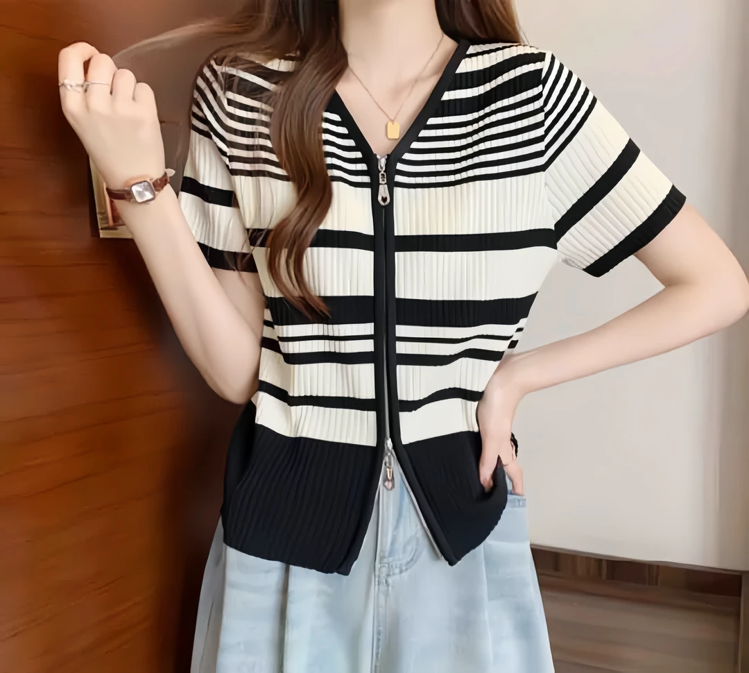 条纹冰丝针织衫韩版双头拉链女夏2025新款高级感百搭宽松显瘦T恤