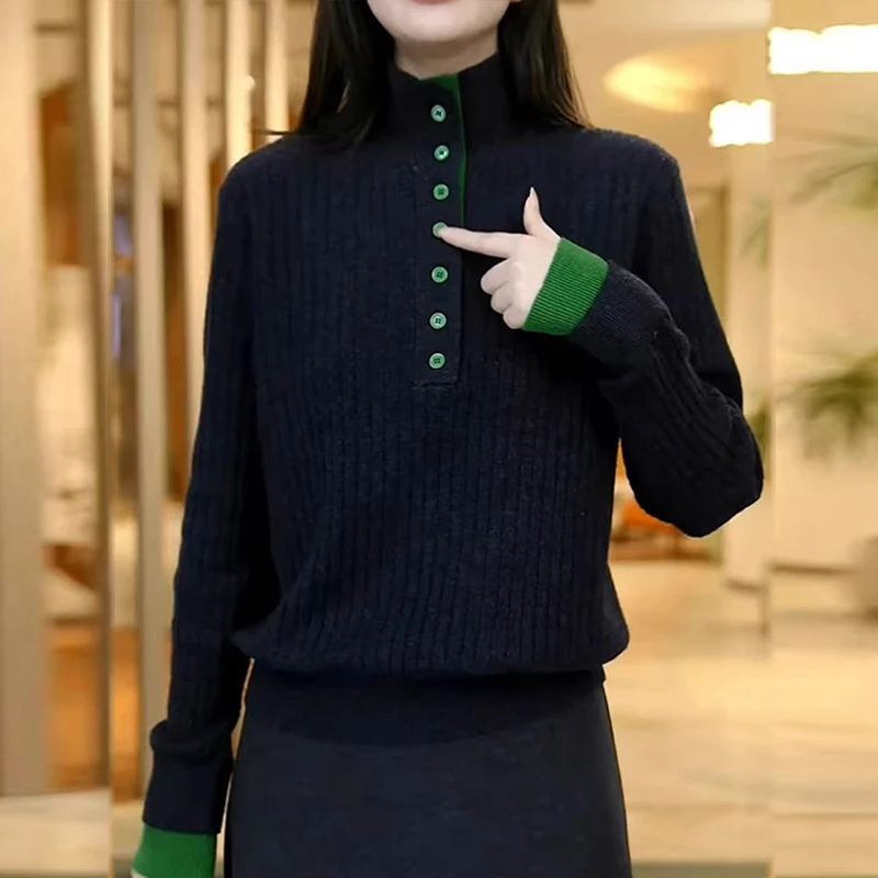 韩版针织衫拼色设计感毛衣秋冬新款宽松百搭长袖上衣减龄时尚洋气