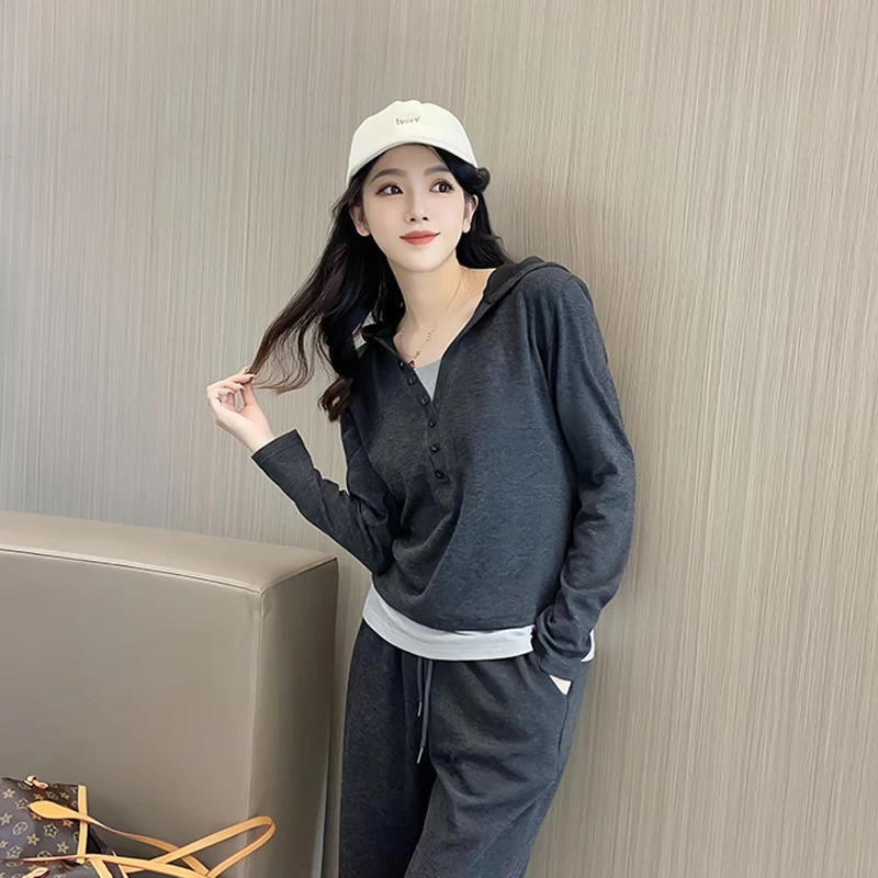 秋季连帽拼接假两件长袖女套装新款高腰显瘦宽松百搭气质运动套装