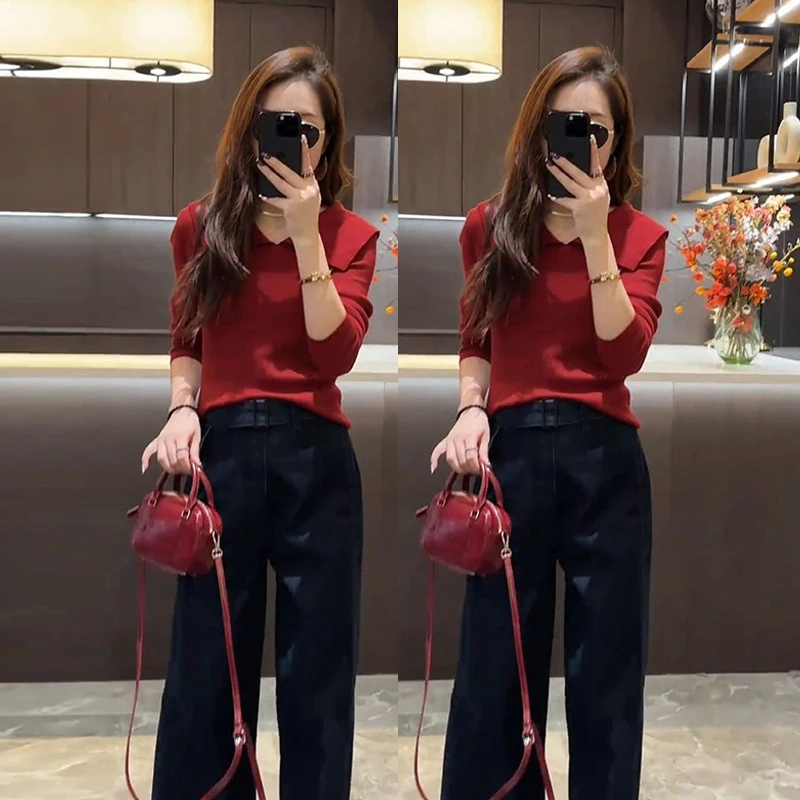 2025秋季新款时尚针织衫减龄百搭显瘦女装长袖打底衫翻领洋气上衣